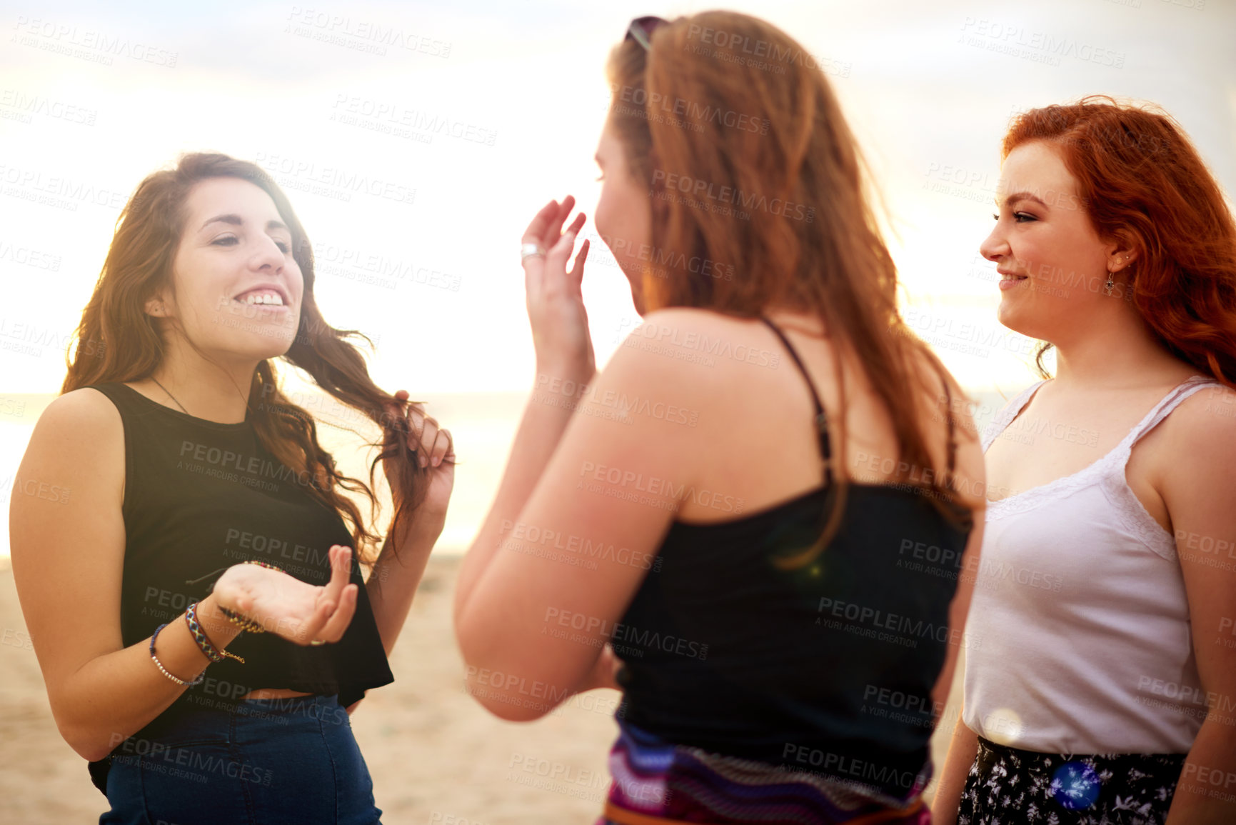 Buy stock photo Smile, friends and travel with women at beach for summer vacation, relax and tropical destination. Happiness, bonding and support with group of people outdoor for holiday, island and adventure