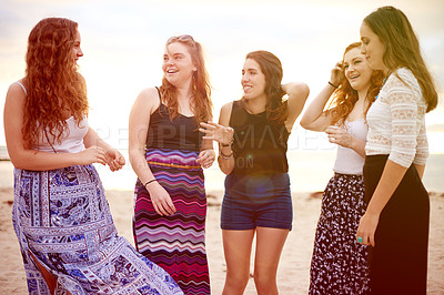 Buy stock photo Happy, friends and girls at beach talking for social gathering, bonding and conversation in nature. Travel, relax and group of female teenagers by ocean for holiday, vacation and weekend outdoor