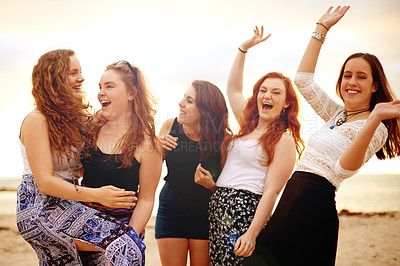Buy stock photo Women, friends and excited on beach for reunion, social gathering and birthday celebration. People, freedom and portrait at ocean for holiday, summer vacation and outdoor in California for bonding