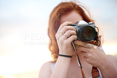 Buy stock photo Nature, photography and woman with camera outdoor for picture, memory and scenic view at travel destination. Summer, space and photographer with lens on holiday, vacation and adventure at location