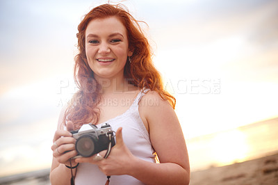 Buy stock photo Nature, photography and portrait of woman with camera for memory on holiday, vacation and sightseeing. Photographer, happy and person with lens for outdoor travel, adventure and scenic destination