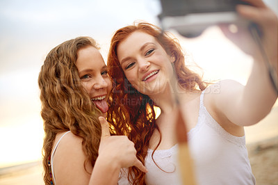 Buy stock photo Outdoor, teenager and girl friends with selfie, support or reunion with shaka sign on holiday. Smile, happy people or camera for picture, thumbs up and bonding for fun memory, photograph and break