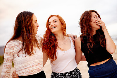 Buy stock photo Women, friends and happy on beach for bonding, gossip story and summer holiday with hug. People, travel and together at ocean for vacation trip, social gathering and reunion on California seaside