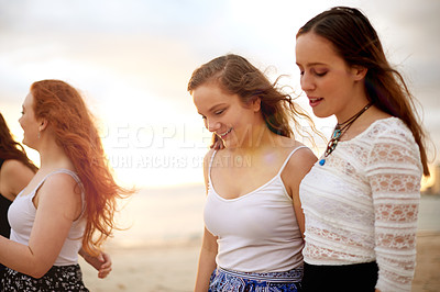Buy stock photo Beach, happy friends and girls walking on holiday, travel and bonding on adventure together. Smile, group and women outdoor for summer vacation, gossip or conversation for hangout on island at sunset