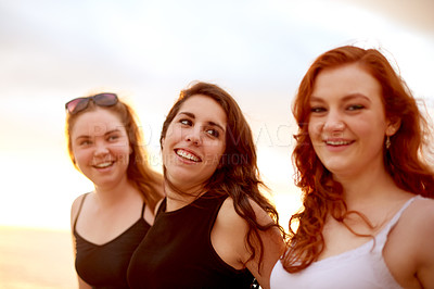 Buy stock photo Portrait, ocean and women with vacation, friends and smile with weekend break, tropical island and travel. Face, beach and happy people with summer holiday, group and seaside with journey and nature