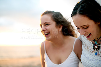 Buy stock photo Girl, friends and laughing together at beach for travel adventure, funny holiday and weekend break. Space, people and happy by ocean for tropical vacation, relax and bonding with support, care or fun