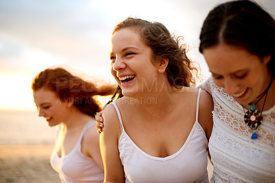 Buy stock photo Beach, funny and women with vacation, friends and bonding together with nature, smile and tropical island. Outdoor, group and happy people with weekend break, summer holiday and travel in Zanzibar