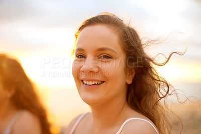 Buy stock photo Sunset, portrait and woman with smile outdoor for travel, summer holiday with wellness and friends getaway. Happy, calm and beach vacation with nature adventure, girls trip and tourist in Australia