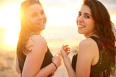 Buy stock photo Smile, travel and portrait of friends at beach for sunset view, summer vacation and adventure. Happiness, holiday and tropical island with women in nature for love, support and bonding together