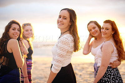 Buy stock photo Beach, portrait and women with vacation, friends and sunset with weekend break, tropical island and smile. Ocean, group and happy people with summer holiday, seaside and travel with social gathering