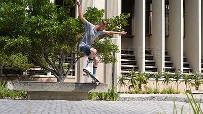 Buy stock photo City, jump and man with skateboard, skills and performance for street skating, trick or stunt for game. Outdoor, skateboarder and person with energy for competition, speed or action for extreme sport