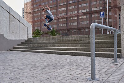 Buy stock photo Performance, jump and man with skateboard, stairs or skills for street skating, trick or stunt for game. Outdoor, skateboarder and person with energy for competition, city or active for extreme sport
