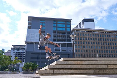 Buy stock photo Man, skateboard and jump stairs in urban city, ollie and guy for skating challenge on steps. Fitness, outdoor hobby and vacation for practice in downtown, performance trick and holiday for stunt