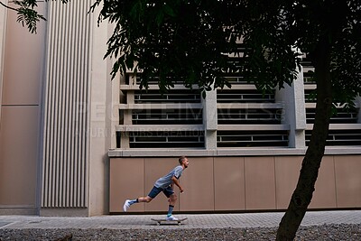 Buy stock photo Ride, athlete and man with skateboard, road and exercise for competition in city, speed and fitness. Outdoor, skateboarder and person with skills for contest, street and wellness for extreme sports