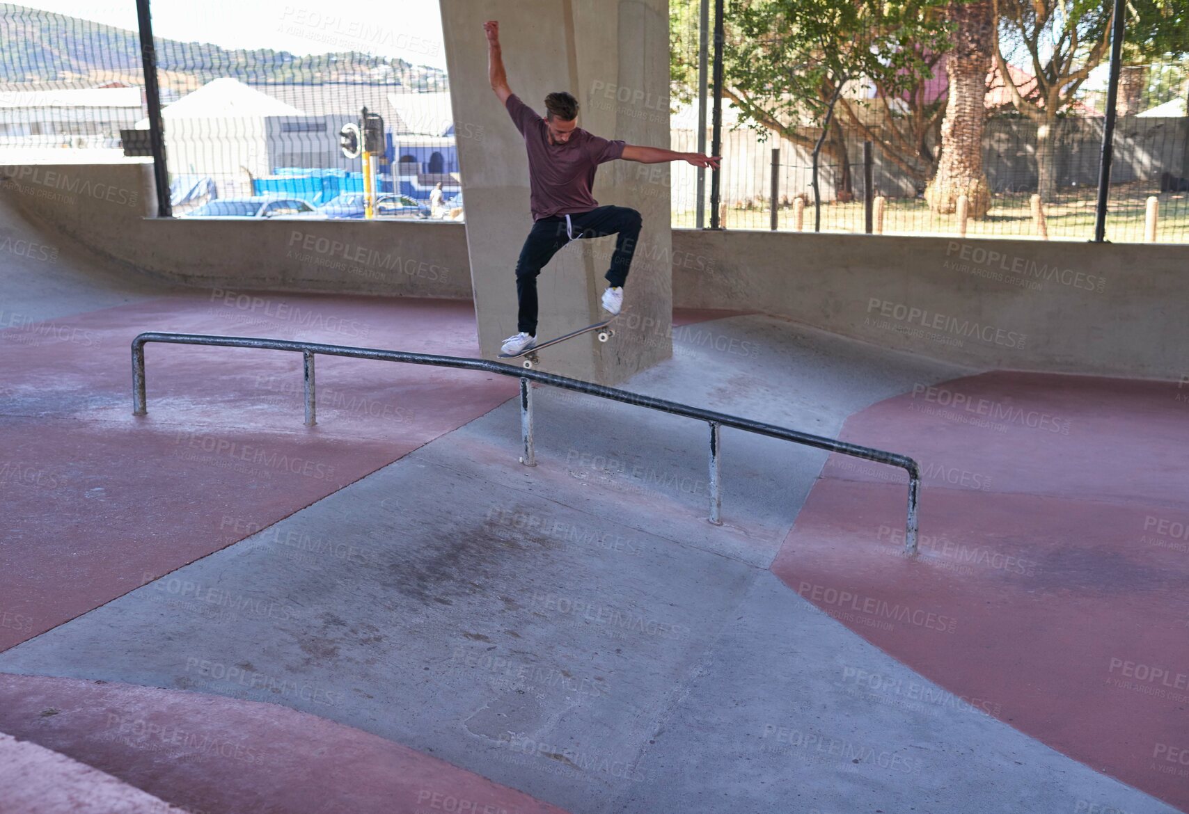 Buy stock photo Man, jump and rail with skateboard for extreme sport, parkour challenge or air trick in city. Male person, skating or board with flip for control, balance or technique in an urban town or street park