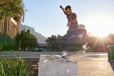 Buy stock photo Jump, man and skateboard in city for trick, sports or energy for hobby at sunset. Outdoor, skater or cool stunt for exercise, balance or action for performance challenge on street with blur for speed