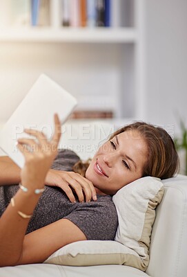 Buy stock photo Woman, tablet and relax on sofa with smile in home with movie, notification or texting in living room. Person, touchscreen or streaming with application, chat or social media on couch at apartment