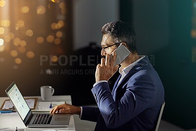 Buy stock photo Mature, business man and phone call with laptop for investment deal, contract negotiation and client feedback. Contact, CEO and consulting investor on financial report progress and update with bokeh