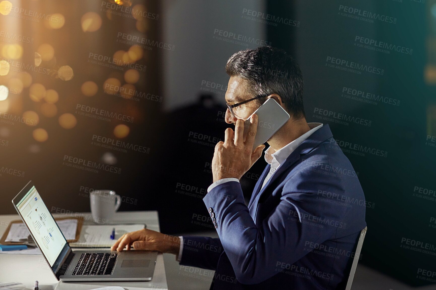 Buy stock photo Mature, business man and phone call with laptop for investment deal, contract negotiation and client feedback. Contact, CEO and consulting investor on financial report progress and update with bokeh