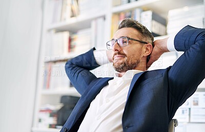 Buy stock photo Businessman, relax and corporate office, smile and happy male person with bookshelf and books for information. Proud, finish tasks and calm for goals done and targets reach in professional workplace