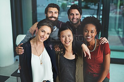 Buy stock photo Creative, people and portrait of group in office for career as directors for production company in seo industry. Team, hug and bonding in workplace for collaboration on project and professional staff