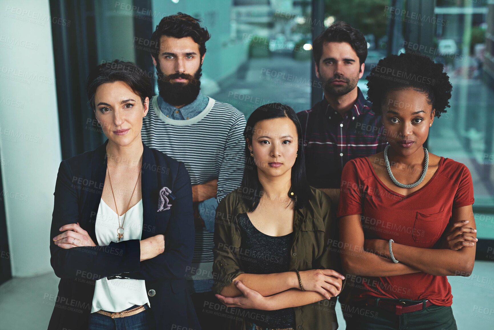 Buy stock photo Crossed arms, portrait and team of people in office with confidence for creative internship. Meeting, diversity and group of directors with pride for career in collaboration for startup in workplace