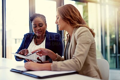 Buy stock photo Business people, finance and women with tablet, teamwork and planning for income growth in office. Coworkers, accounting and employees with report for revenue, budget and review for economy analyst