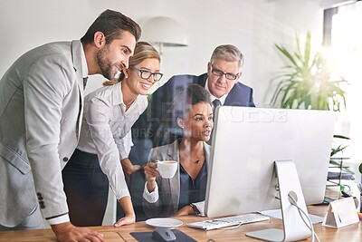 Buy stock photo Business people, computer and discussion in office for collaboration, planning and pitch with coffee. Law firm, tech and legal research in workplace for partnership, brainstorming and court strategy