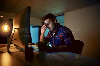 Buy stock photo Man, night and computer in office with burnout, frustrated and stress for deadline. Businessman, headache and tired at desk with mental health, exhausted or anxiety from mistake in project in evening