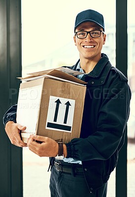 Buy stock photo Courier, man and smile with box in portrait, stock or inventory for product, supply chain or shipping for logistics. Person, checklist or delivery for invoice with box, cargo or service in warehouse