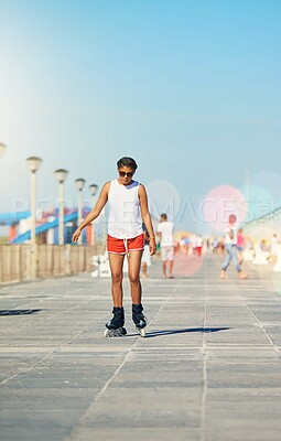 Buy stock photo Woman. rollerskate and active for summer with hobby for fitness or health outdoors for exercise. Vacation, fun and travel with activity in sunshine on boardwalk, skating and weekend in Venice beach