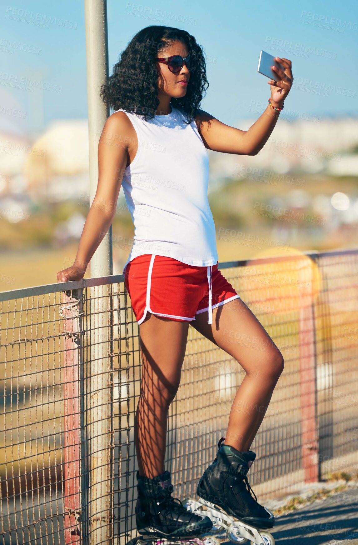 Buy stock photo Outside, skating and girl with sunglasses for selfie, social media post or profile picture with rollerskate. Outdoor, female person and eyewear for photography, image update and memory in summer