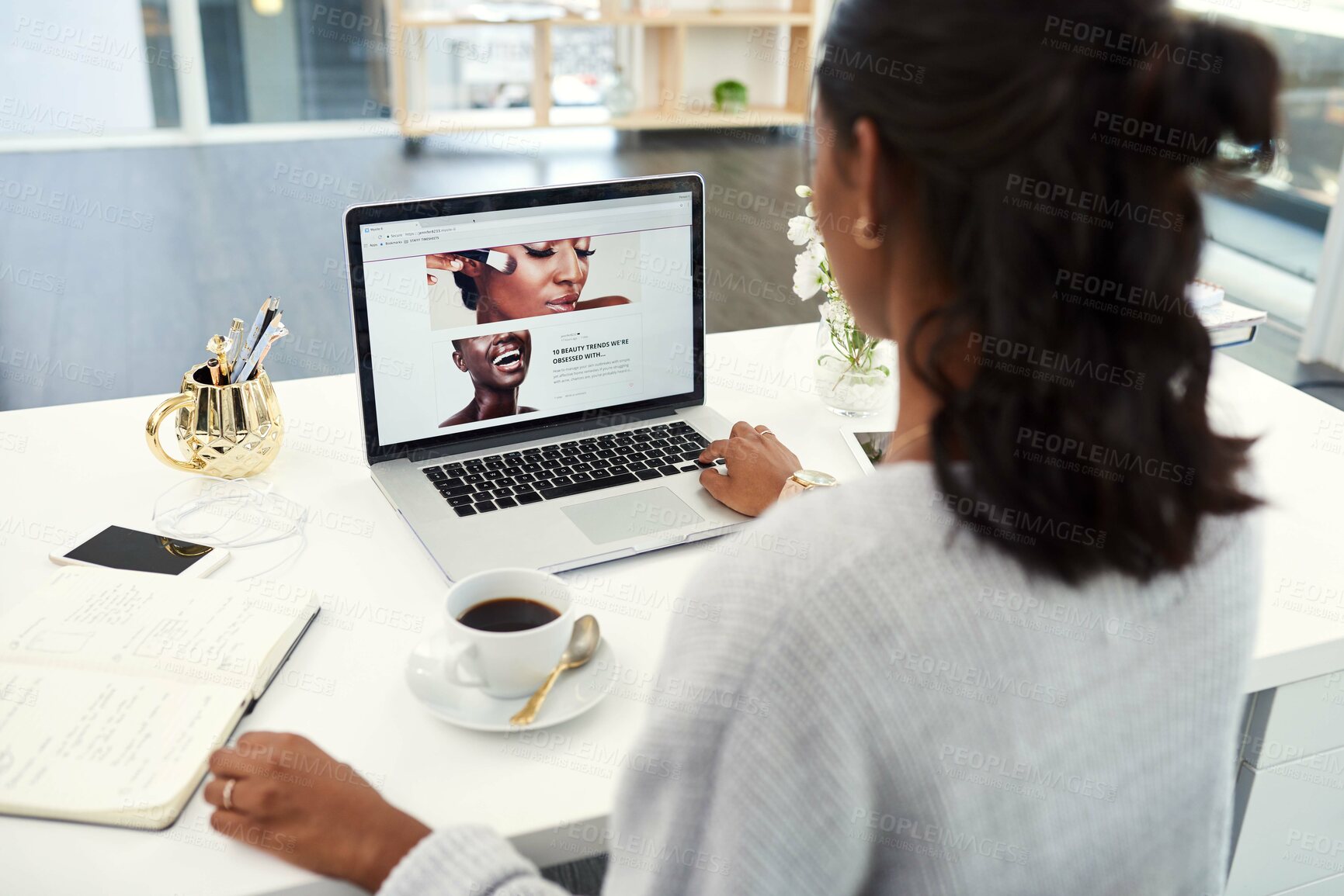Buy stock photo Laptop, coffee and woman with notebook in office reading information on internet for web design. Technology, espresso and female designer working with research on computer for startup business.