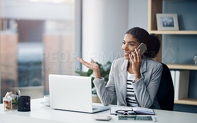 Buy stock photo Phone call, laptop and business black woman in office for talking, networking and discussion. Corporate, professional and person on smartphone and computer for planning, online chat or communication