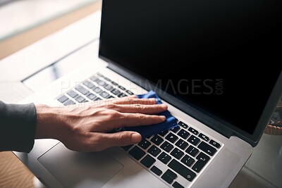 Buy stock photo Hands, cloth and wipe laptop in home for keyboard dirt, germ removal and dust bacteria for hygiene. Wellness, person and cleaning tech device for responsibility and remote work safety with space