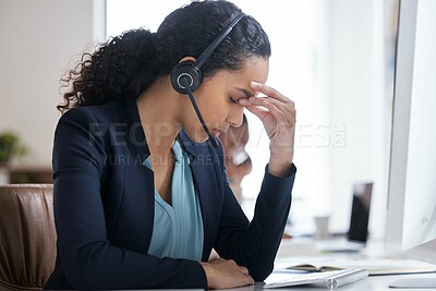 Buy stock photo Business, telemarketing and woman with headache, call center and customer service in office. Consultant, help desk and agent with migraine, stress and anxiety with burnout, crisis and tired with pain