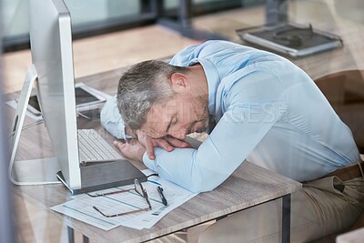 Buy stock photo Tired, desk and businessman in office with fatigue for working on deadline, project and online report. Corporate, sleeping and exhausted, burnout and overworked employee with insomnia on computer
