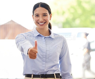 Buy stock photo Business woman, thumbs up and portrait with feedback, review and thank you for agreement, success or support. Professional excellence, pride and praise with emoji, yes or like with vote in workplace