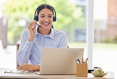 Buy stock photo Woman, callcenter and phone call with laptop for communication, tech support and help desk agent. Advice, CRM and telecom for internet maintenance, happy consultant and customer service office
