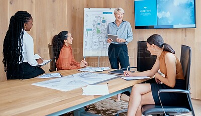 Buy stock photo Engineer, presentation and business woman with tablet for funny joke or comedy at startup. Team, architect and leader with tech for construction project, building and training with mature developer