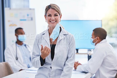 Buy stock photo Taking off face mask, covid and woman doctor portrait with support, trust and motvation to stop global virus. Smile, happy or medicine employee in hospital teamwork meeting  post lockdown regulations