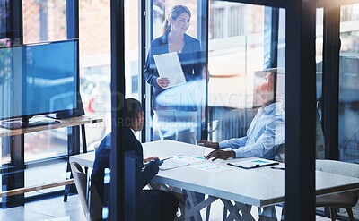 Buy stock photo Team manager digital presentation, business meeting teamwork at boardroom table and glass office room. Big data leader coaching employees, blockchain training workshop and finance strategy document