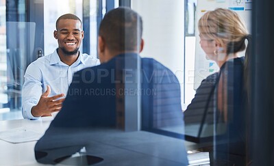 Buy stock photo Business people talking in interview with employee, meeting for corporate partnership and happy with collaboration deal in work office. Team of professional staff in discussion about strategy