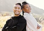 Fitness, nature and a man and black woman with smile go hiking or running. Strong and happy couple exercise and run together. Wellness, sports and health, runner and personal trainer workout in park.