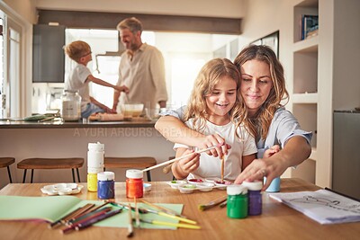 Buy stock photo Family home, painting and cooking with mother, father and children learning, creative development and holiday fun education. Happy girl with mom doing watercolor art book and breakfast in kitchen