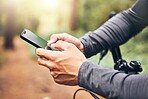 Gps, map and cyclist with smartphone for digital travel guidance in nature fitness trail. Mobile technology for cycle safety, security and help for man travelling in remote location. 


