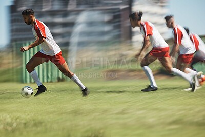 Buy stock photo Soccer, team sports game and teamwork of men busy with football collaboration and workout. Fitness, training and healthy exercise of an healthy athlete ground with fast energy running with a ball