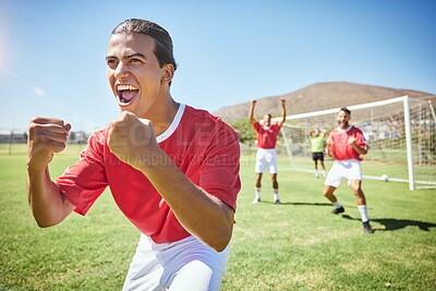 Buy stock photo Football winner, sports and team celebrate game, competition goal or tournament victory with crazy high energy and cheer. Men soccer athlete, diversity fitness people and success celebration
