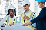 Man, women and architecture blueprint for building engineering, real estate innovation or property development in Canada city. Smile, happy or talking construction workers with paper design planning