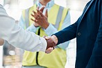 Welcome, B2B or business people shaking hands in corporate partnership, collaboration or success company deal. Handshake, thank you or teamwork for business meeting trust or creative strategy support